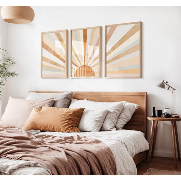 Boho Abstract Sun Art Mid Century Sunlight Decor Modern Eclectic Sunset Minimalist Art Set 3 Stretched Canvas 8x12