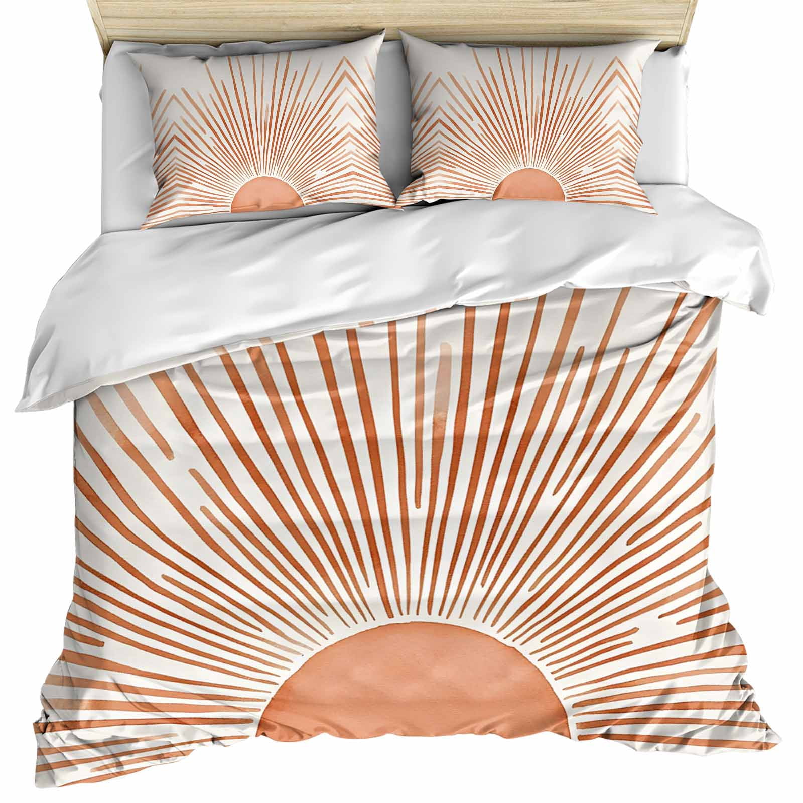 Boho Abstract Sun Bedding 3 Piece Duvet Cover Set Queen Size, Modern Beige Sun Light Lines Soft Microfiber Comforter Cover with Zipper Closure & Pillowcases, Wrinkle & FadeResistant Quilt Cover