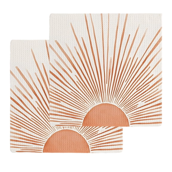 Boho Abstract Sun Dish Towels Set, Waffle Weave Kitchen Towels 2 Pieces, Modern Beige Sun Light Lines Microfiber Hair Face Bath Tea Towel Absorbent Quick Drying Cleaning Dish Cloths, 12"x12"