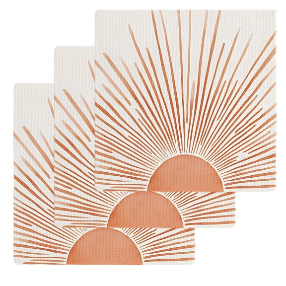 Boho Abstract Sun Dish Towels Set, Waffle Weave Kitchen Towels 3 Pieces, Modern Beige Sun Light Lines Microfiber Hair Face Bath Tea Towel Absorbent Quick Drying Cleaning Dish Cloths, 12"x12"