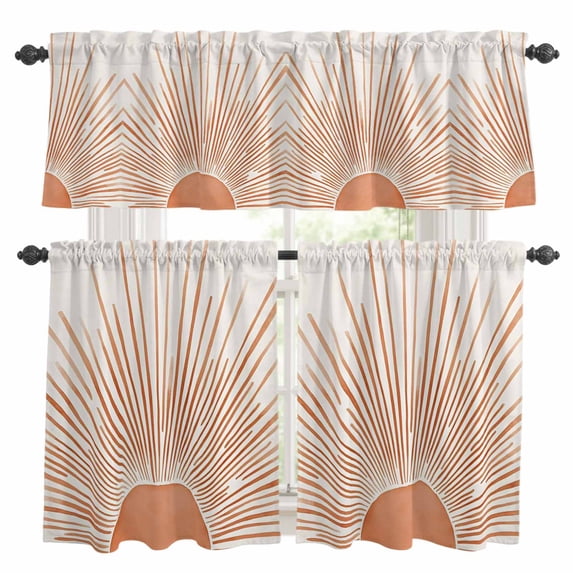 Boho Abstract Sun Kitchen Curtains Sets for Windows 36 Inch Length, Modern Beige Sun Light Lines Rod Pocket Window Treatments Tier Curtains and Valances Set for Bedroom/Bathroom