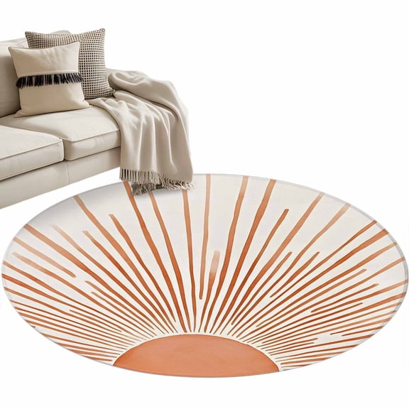 Boho Abstract Sun Large Area Rugs for Bedroom Living Room, Soft Non Slip Carpet Bedside Rug, Modern Beige Sun Light Lines Round Floor Cover Kitchen Accent Rug 4' for Dining Room/Office