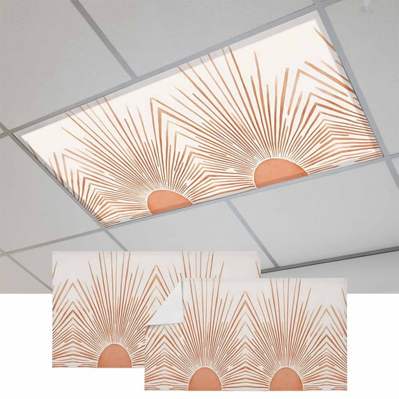 Boho Abstract Sun Magnetic Fluorescent Light Covers for Ceiling Lights 2 x 4 Feet, Modern Beige Sun Light Lines Office Classroom Kitchen Drop Ceiling Light Covers Lighting Filters Shade Panel 2 Packs