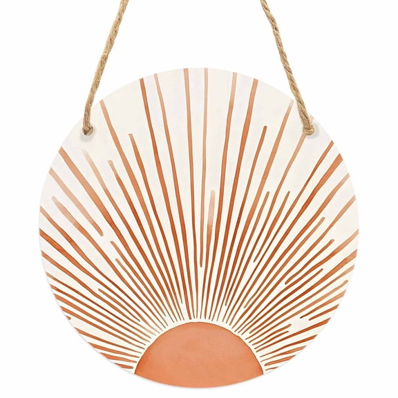 Boho Abstract Sun Round Front Door Welcome Sign, 5.9 Inch Wall Hanging Decor for Indoor Outdoor, Modern Beige Sun Light Lines Home Porch Hanger Decorations for Holiday Gift