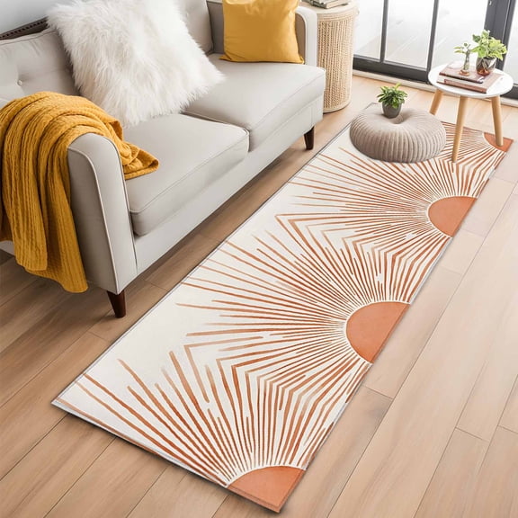 Boho Abstract Sun Runner Rug 2x6 FT, Non Slip Hallway Rugs, Modern Beige Sun Light Lines Washable Soft Floor Carpet Non-Shedding Throw Runner Carpet Long Rug for Entryway Kitchen Bedside Sliding Door