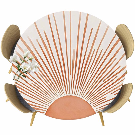 Boho Abstract Sun Table Cloth, Round Fitted Tablecloths with Elastic Edge, Modern Beige Sun Light Lines Wipeable Waterproof Table Cover for Kitchen Wedding 55-60 Inches