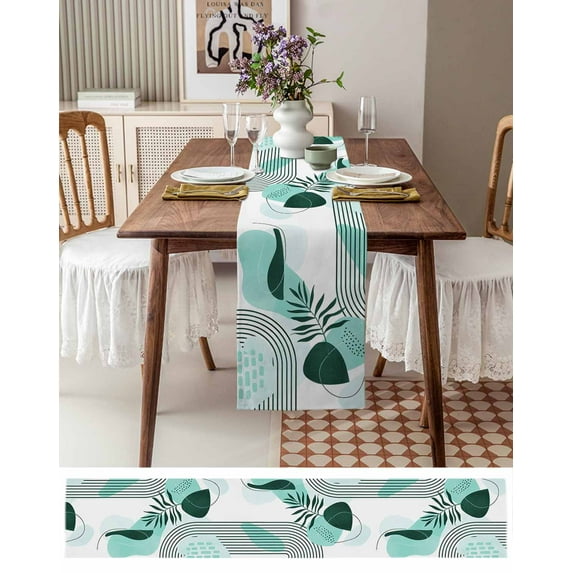 Boho Abstract Teal Color Block Table Runner 13x90in Non-Slip Cotton Linen Table Runners, Mid Century Leaf Lines Dresser Scarves TableRunner for Dinner Kitchen Dining Wedding Party