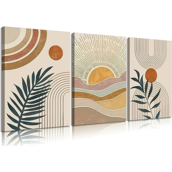 Boho Abstract Wall Art Orange Rainbow Sun Desert Minimalist Picture Mid-Century Modern Poster Prints Neutral Botanical Geometric Canvas Painting Wall Decor for Living Room Unframed