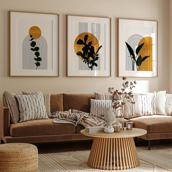 Boho Abstract Wall Art Set of 3 Prints, Dark Green Leaves Botanical Art Decor, Mustard Yellow Black Geometric Lines Abstract Art Posters, Scandi Art, Mid Century Prints, No Frame