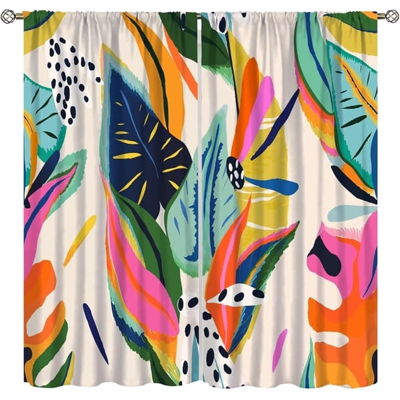 Boho Abstract Window Curtains Mid Century Rod Pocket Modern Leaves Colorful Curtain Drapes Geometric Curtains for Bedroom Living Room Treatment Set 2 Panels,84x84 Inches, Style-10