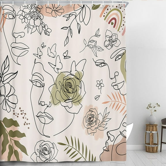 Boho Abstract Woman Face Shower Curtain Bathroom Set,Vintage Minimalist Silhouette Flower Rainbow Palm Leaf Art line Bath Accessories Girl Art Home Decor Fabric 12 Pack Hooks