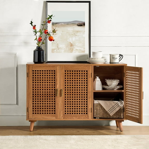 Boho Accent Cabinet with 3 Lattice Doors Storage Sideboard Credenzas Wooden Legs Home Living Room Walnut