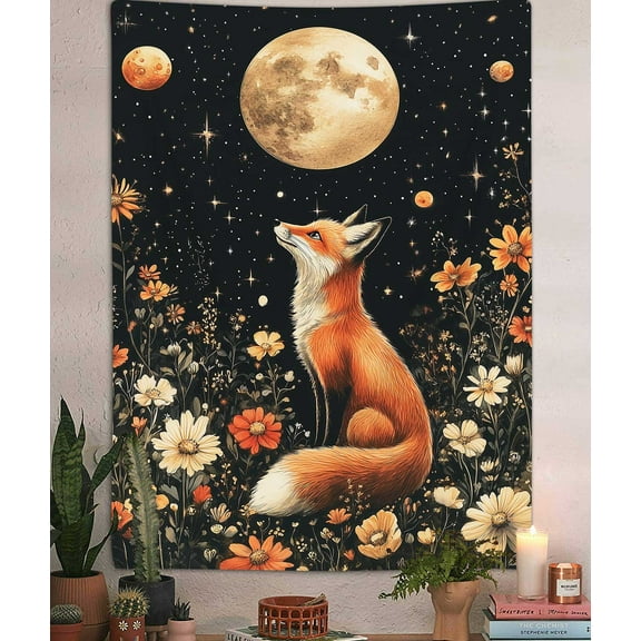 Boho Aesthetic Fox Vertical Tapestry, Retro Dark Witchy Botanical Flowers Deer Art Wall Tapestries, Hippie Colorful Floral Night Sky Tapestry for Bedroom Ceiling Office Living Room, 40X60IN