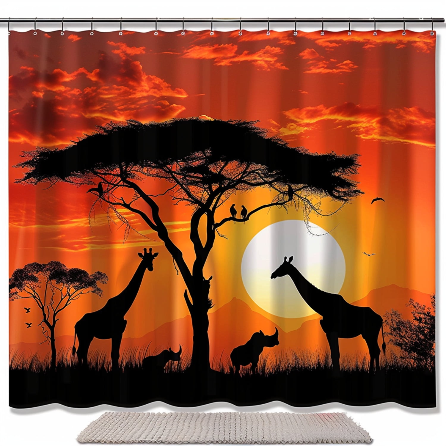 Boho African Safari Shower Curtain Set Sunset Wildlife Scene Tree