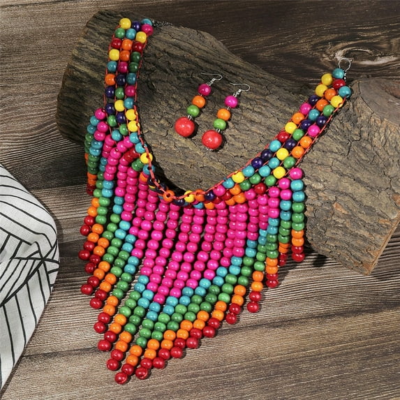 Boho African Wood Bead Bib Statement Necklace Earring Set Strands Layered Cluster Chunky Collar Choker Wood Necklace for Women Fashion Costume Jewelry