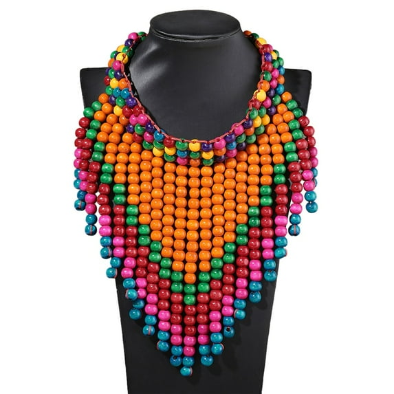 Boho African Wood Bead Bib Statement Necklace Earring Set Strands Layered Cluster Chunky Collar Choker Wood Necklace for Women Fashion Costume Jewelry