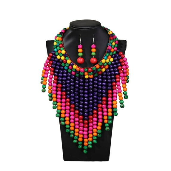 Boho African Wood Bead Bib Statement Necklace Earring Set Strands Layered Cluster Chunky Collar Choker Wood Necklace for Women Fashion Costume Jewelry
