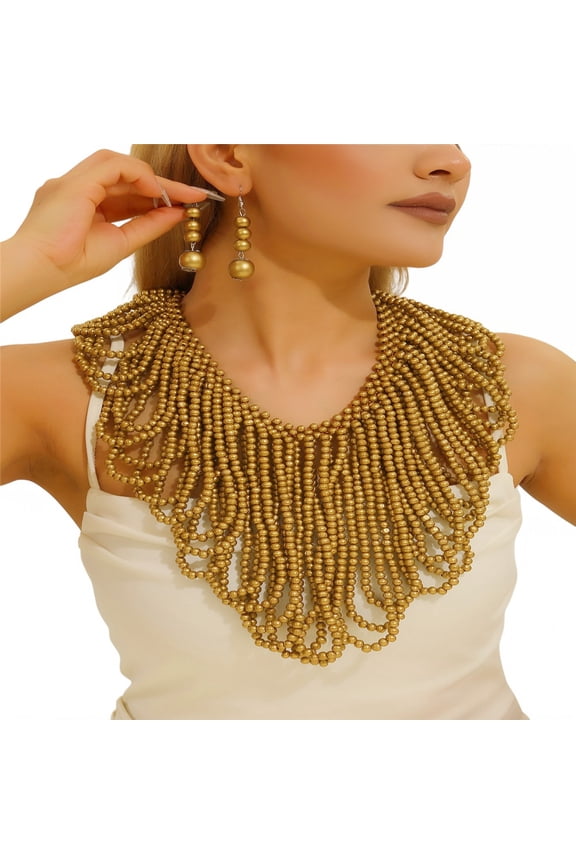 Boho African Wooden Beaded Bib Statement Necklace Strands Layered Cluster Chunky Collar Choker Wood Necklace for Women Fashion Costume Jewelry