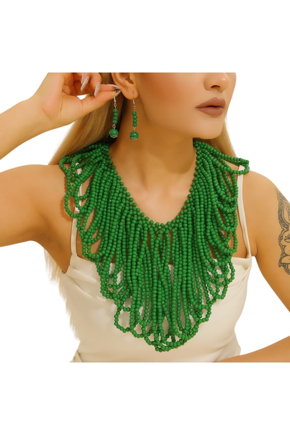 Boho African Wooden Beaded Bib Statement Necklace Strands Layered Cluster Chunky Collar Choker Wood Necklace for Women Fashion Costume Jewelry