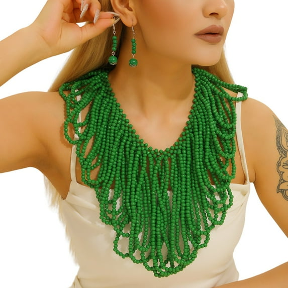 Boho African Wooden Beaded Bib Statement Necklace Strands Layered Cluster Chunky Collar Choker Wood Necklace for Women Fashion Costume Jewelry