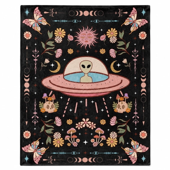 Boho Alien Floral Fleece Throw Blanket | Soft 280GSM Cozy Blanket with Storage Bag | 4 Sizes
