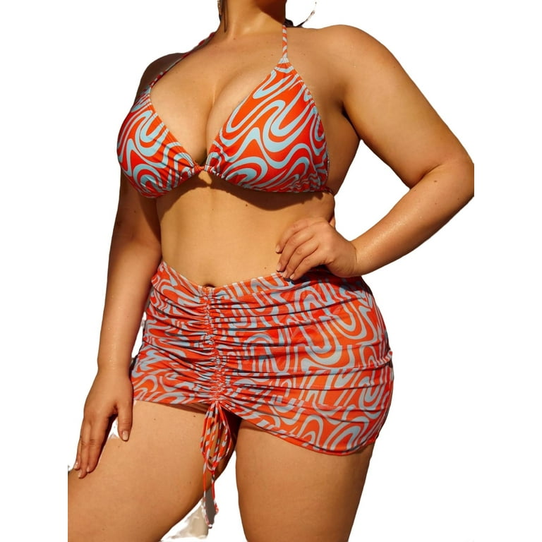 Boho All Over Print Halter Multicolor Plus Size Bikini Sets Women s Plus