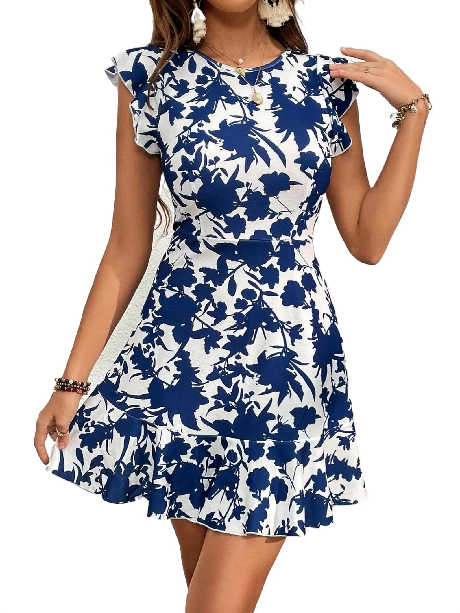 Boho All Over Print Round Neck A Line Sleeveless Blue and White Women