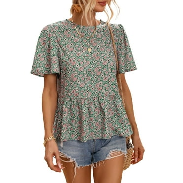 Boho All Over Print Round Neck Peplum Short Sleeve Green Women Blouses (Women's)