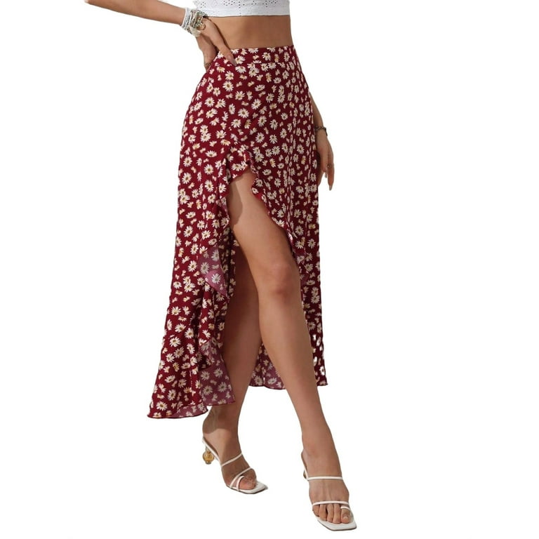 Boho All Over Print Slit Skirts Maroon Women Skirts Walmart