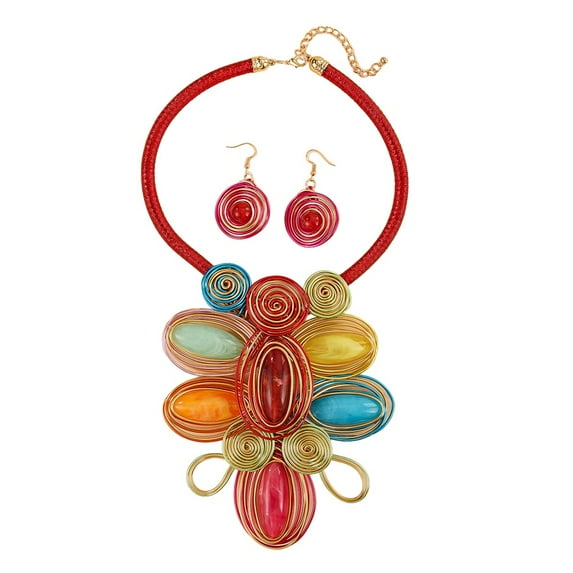 Boho Aluminum Wire Necklace Earring Set With Resin Bead For Women Tribal Fashion Costume Jewelry Earring Sets Unique Colorful Collar Choker