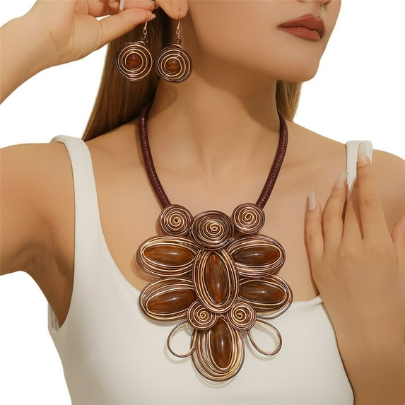 Boho Aluminum Wire Necklace Earring Set With Resin Bead For Women Tribal Fashion Costume Jewelry Earring Sets Unique Colorful Collar Choker