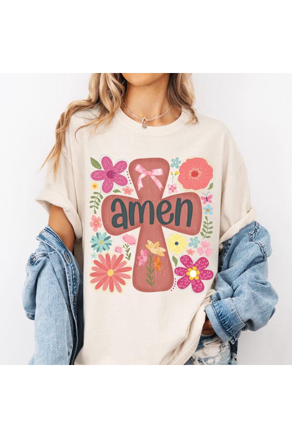 Boho Amen Christian T-Shirt, Floral Easter Faith Tee, Bible Verse Shirt, Preppy Wildflower Jesus Tee