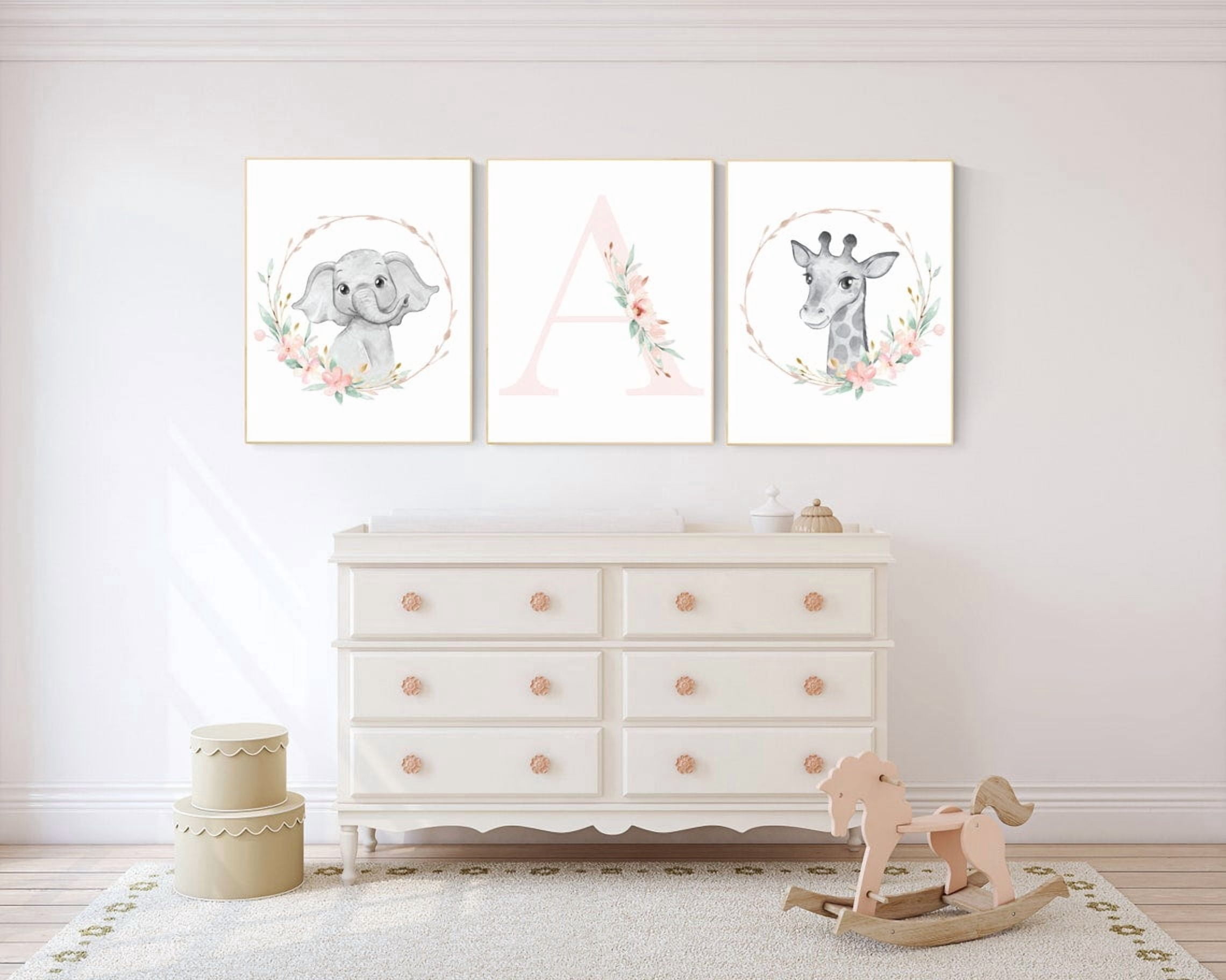 Boho Animal Blush Pink Floral Nursery Wall Art Prints, Girl Name ...