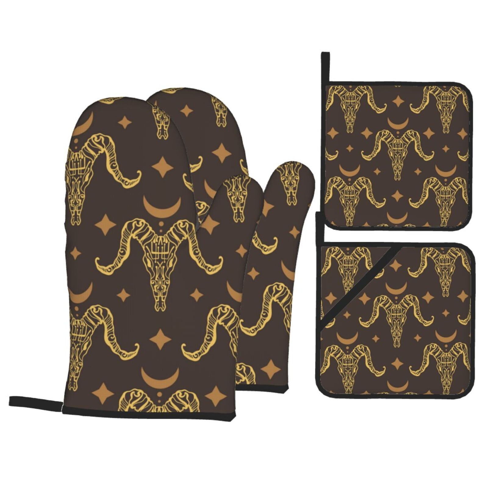 Boho Animal Goat Skull 4Pcs Oven Mitts and Pot Holders Sets Oven Kitchen Gloves Hot Pads for Cooking BBQ Baking Grilling