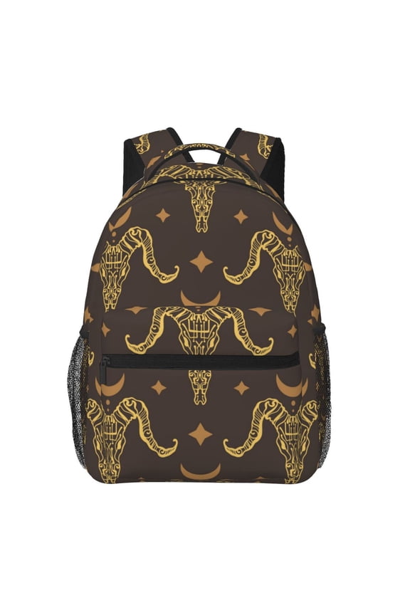 Boho Animal Goat Skull Backpack Casual College Bag Zipper Laptop Daypack Hiking Rucksack Travel