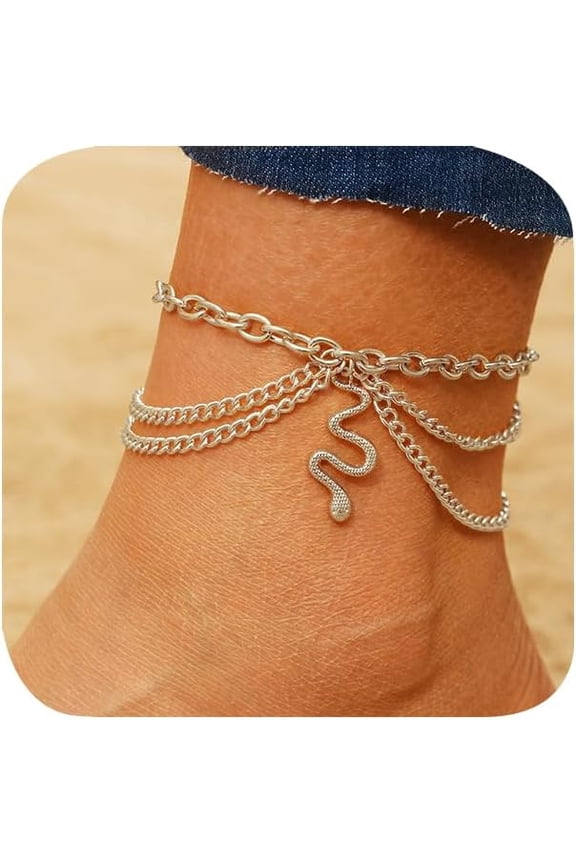 Boho Ankle Bracelets for Women Layered Chain Snake Starfish Pendant Anklets Beach Charm Anklet Punk Summer Foot Chain Jewelry Three-Layer Dangle Chain Barefoot Jewelry Gift(Silver Snake)