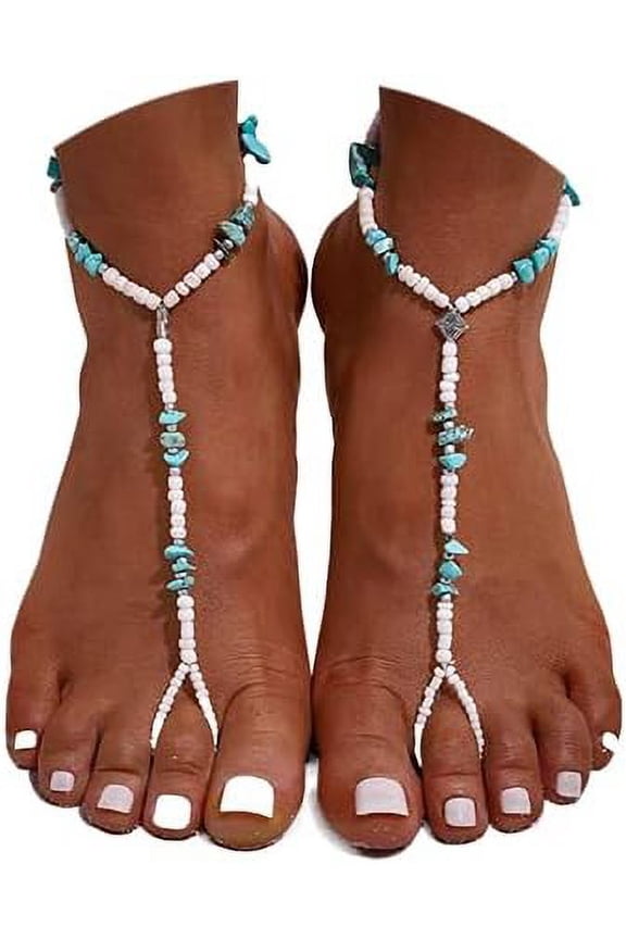 Boho Anklet Chain Turquoise Barefoot Sandals Beaded Foot Ankle Chain Beach Toe Ring Foot Chain For Women(2Pcs)[o4939]