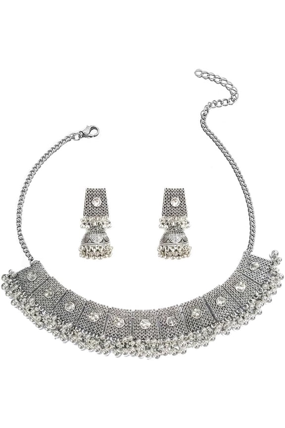 Boho Antique Silver Jewellery Sets for Brides Bridesmaid Cubic Zirconia Crystal Statement Choker Necklace Earrings Jhumki Accessories for Women Indian Ethnic Wedding Wear Bollywood Party Dancing