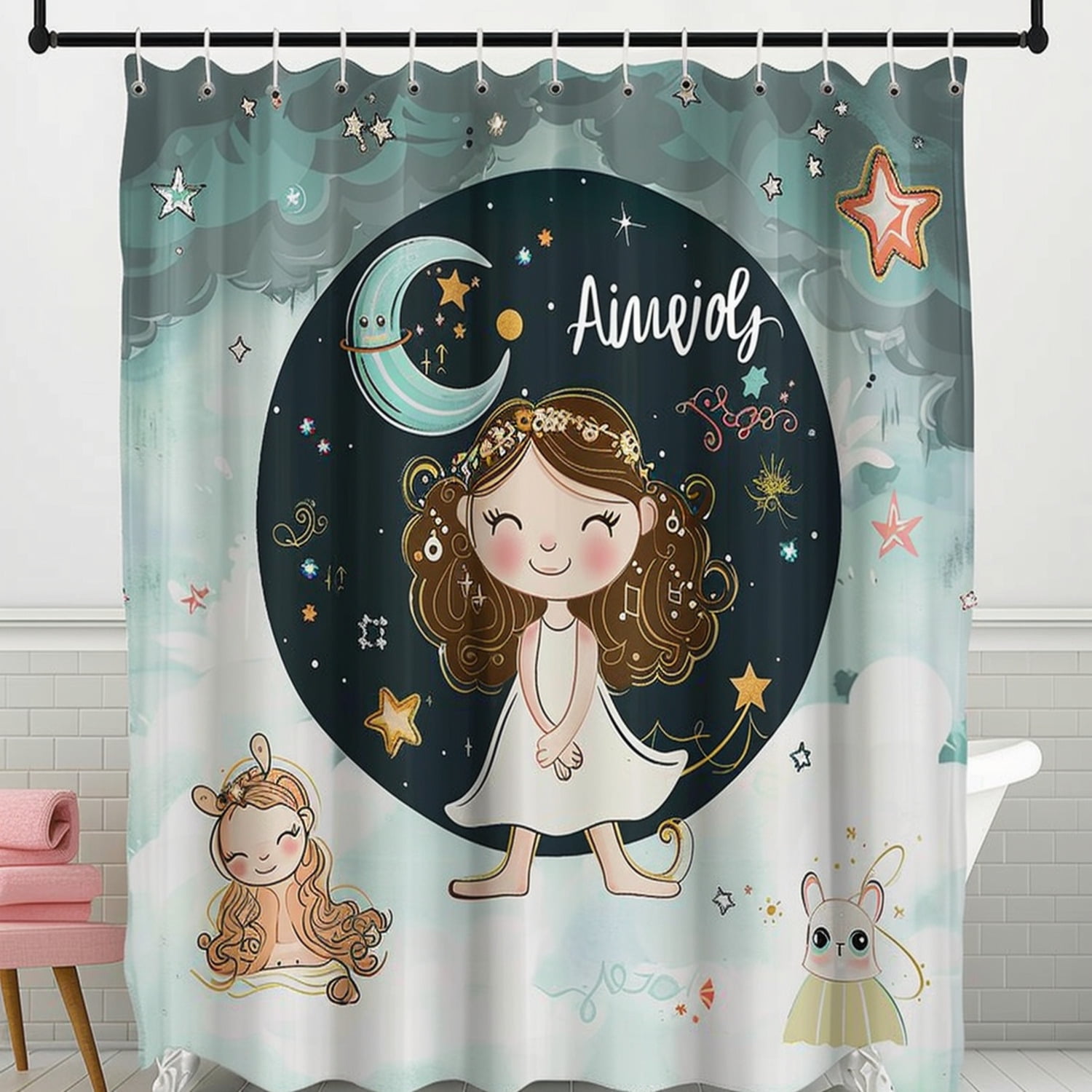 Boho Aquarius Girl Cartoon Shower Curtain Pastel Rainbow Decor for Kids ...