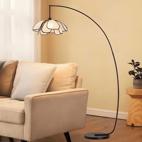 Boho Arc Floor Lamp with Woven Floral Shade - Black Vintage Standing Lamp for Living Room - Mid Century Modern Arched Floor Lamp - Adjustable Corner Lamp for Bedroom Home Office