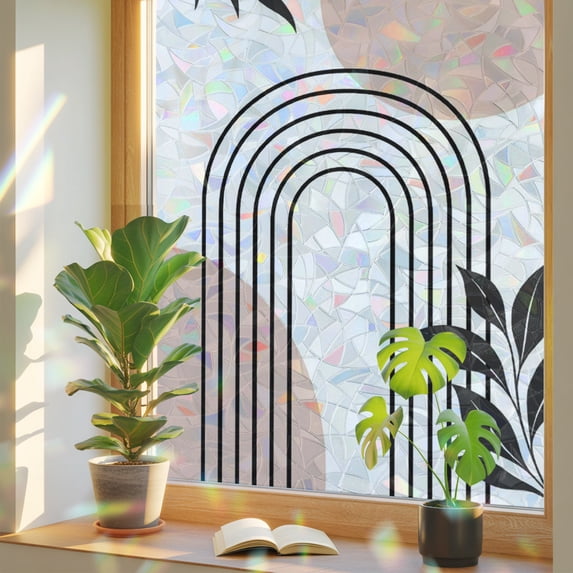 Boho Arch Geometric Window Privacy Film, Modern Black Leaf Pink Circle ...