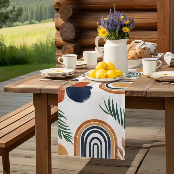 Boho Arch Sun Tropical Leaves Table Runner 70 Inch Long Terracotta Aesthetic Nordic Style Table Runners Linen Burlap Tablerunner for Kitchen Dining Room Holiday Party
