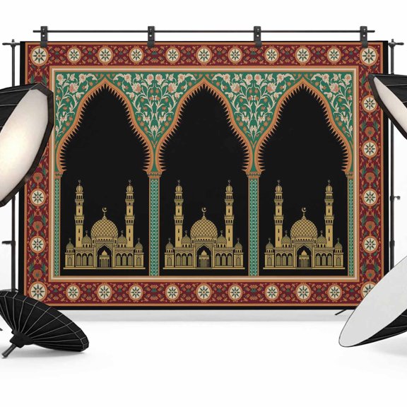 Boho Architecture Backdrops for Photography, Folk Twin Arches Black Sky Floral Frame Fabric Photo Background Sturdy Studio Props for Photo Studio, Video Recording, Booth & Photoshoot 7x5ft