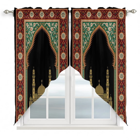 Boho Architecture Swag Valances for Windows 2 Pack Folk Twin Arches Black Sky Floral Frame Swag Kitchen Curtains 36 Inches Long Rod Pocket Short Window Treatment for Kitchen Bathroom 28"x36"