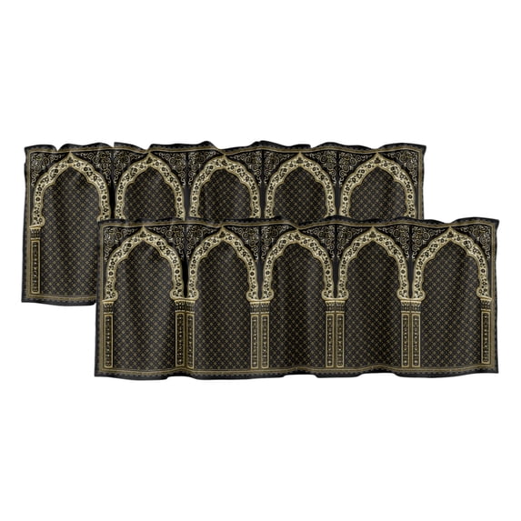 Boho Archway Curtain Valances for Windows, Kitchen Valance Window Treatments Panel 2 Pack, Black Traditional Ethnic Symmetrical Floral Rod Pocket Short Curtains for Bathroom Bedroom 54 x 18 Inch