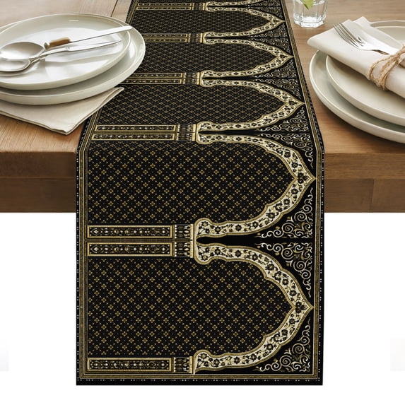 Boho Archway Table Runner Black Traditional Ethnic Symmetrical Floral ...