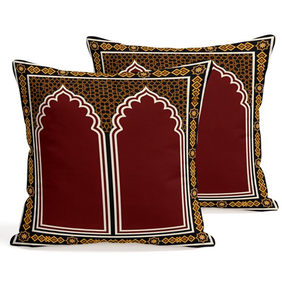 Boho Archway Throw Pillow Covers 16 x 16 Inch Pillow Covers Set of 2 Decorative Vintage Traditional Ethnic Red Yellow Geometric Cushion Case Square Linen Pillowcases with Zipper for Couch Sofa Bed