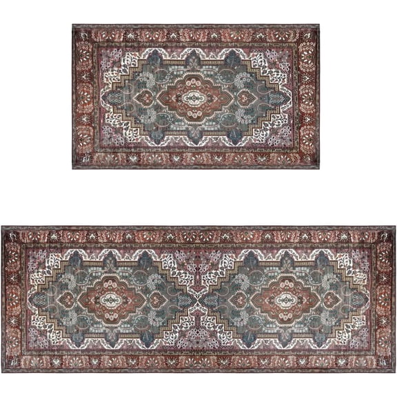 Boho Area Kitchen Mats Sets of 2 Large Home Rugs Black Non Slip Decor Retro Fuzzy handwash Pads 47x17 in