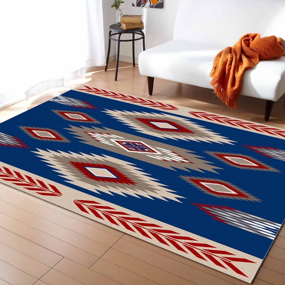 Boho Area Rug 2'x3' Southwestern Native Geometric Boho Blue and Red Washable Area Rugs Non Shedding Floor Carpet Rubber Backing Non-Slip Indoor Mats for Living Room Bedroom Kitchen