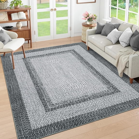 Boho Area Rug, 4' x 6' Rectangular, Grey, Farmhouse Braided Print, Machine Washable, Non-Slip, Low Pile